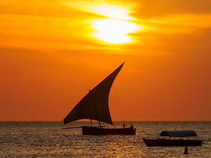 Dhow sailing at sunset off Stone Town
